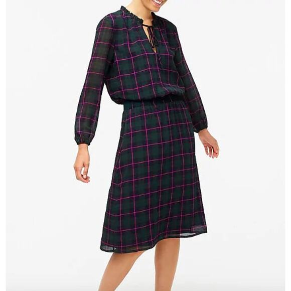 J. Crew Dresses & Skirts - J CREW Dark Green Plaid Blouson Dress, Ruffle Tie Collar Puff Sleeve XS Academia